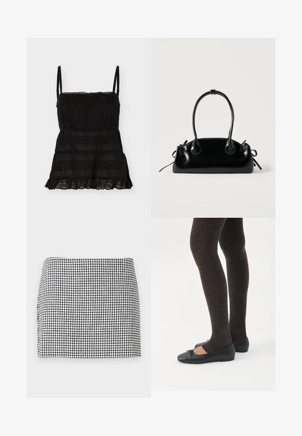 Haut noir sans manches avec fines bretelles, bordure en dentelle au niveau de l’encolure et de l’ourlet, et rayures horizontales texturées sur le tissu.; Mini-jupe à motif damier noir et blanc avec un ourlet droit sur un fond clair uni.; Jambes portant des leggings côtelés foncés associés à des ballerines noires avec de petits détails en nœud sur fond blanc.; Petit sac à main noir brillant avec deux longues anses et des détails à cordon sur les côtés sur un fond clair uni.