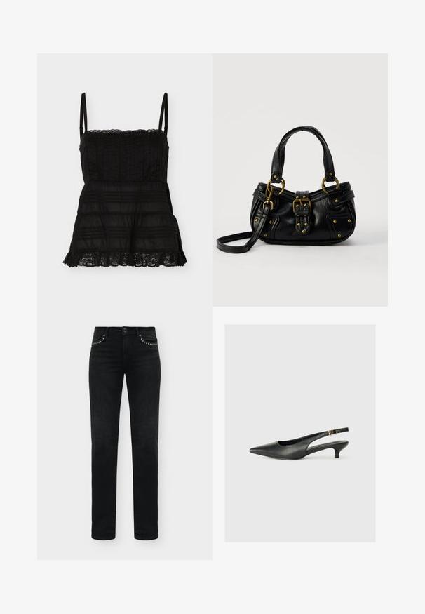 Haut noir sans manches avec fines bretelles, bordure en dentelle au niveau de l’encolure et de l’ourlet, et rayures horizontales texturées sur le tissu.; Jean noir slim fit avec détails cloutés sur les poches avant et style classique à cinq poches.; Chaussure slingback noire à bout pointu en cuir lisse. Présente un talon fin et un détail de boucle sur la sangle réglable.; Sac à main en cuir noir avec boucle dorée et détails à rivets, poignées courtes et bandoulière réglable sur fond blanc uni.