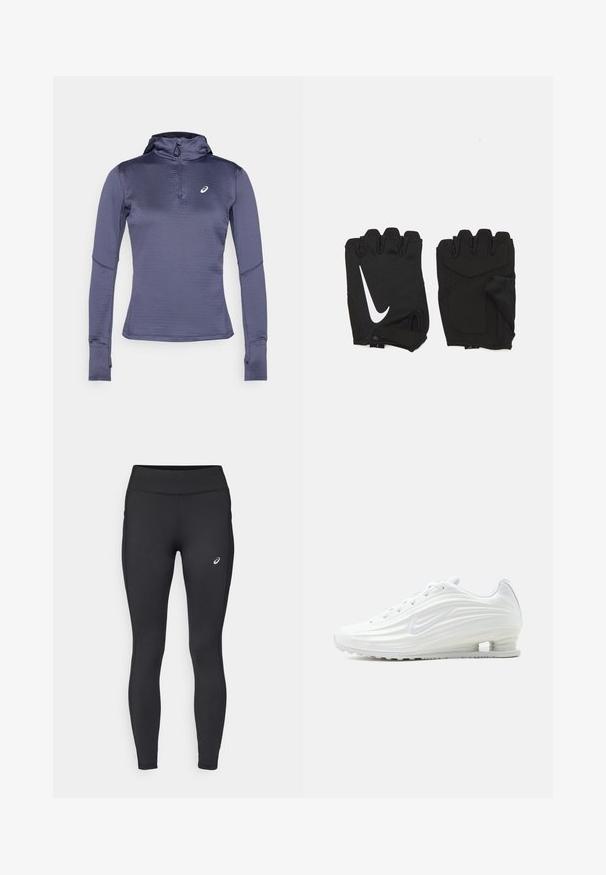 Camiseta deportiva de manga larga en azul oscuro, con cuello tipo zip, capucha y agujeros para los pulgares. Tejido texturizado con un patrón geométrico. Logo en el pecho.; ASICS CORE WINTER - Mallas térmicas - performance black; Zapato deportivo blanco de Nike con patrones de ondas texturizadas y una cámara de aire visible en la suela, visto de lado sobre un fondo neutro.; Guantes de gimnasio sin dedos en color negro, hechos de un tejido transpirable, con un logo de Nike blanco, palmas acolchadas y un diseño de muñeca abierta para mayor flexibilidad.