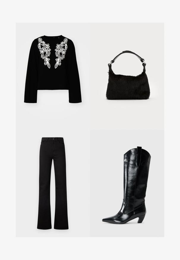 Schwarzes Langarm-Crop-Top mit aufwendiger weißer Blumenstickerei auf der Vorderseite, Rundhalsausschnitt und glatter Textur.; Schwarze Jeans mit hohem Bund und geradem Bein, vorn mit Taschen, Gürtelschlaufen, Knopfverschluss und leicht ausgestellten Säumen auf weißem Hintergrund.; Schwarze kniehohe Stiefel aus Leder mit spitzem Zeh, niedrigem Absatz und dekorativen Nähten an den Seiten. Glatte, glänzende Oberfläche.; Schwarze Kunstfell-Handtasche mit weicher Textur, runder Form und einem stabilen schwarzen Leder-Schulterriemen. Sichtbare silberne Hardware-Akzente.