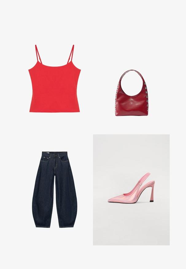 Haut court rouge sans manches avec bretelles spaghetti réglables, encolure droite et coupe ajustée.; Jean en denim bleu foncé à jambes larges avec poches avant, passants de ceinture et fermeture par bouton à la taille.; Escarpin rose à lanière, fabriqué en matériau irisé, avec un bout pointu, un talon fin et une sangle élastique pour un ajustement parfait. Texture lisse avec une finition brillante.; Sac à bandoulière en cuir rouge avec large sangle et œillets métalliques argentés le long des côtés et de la sangle.