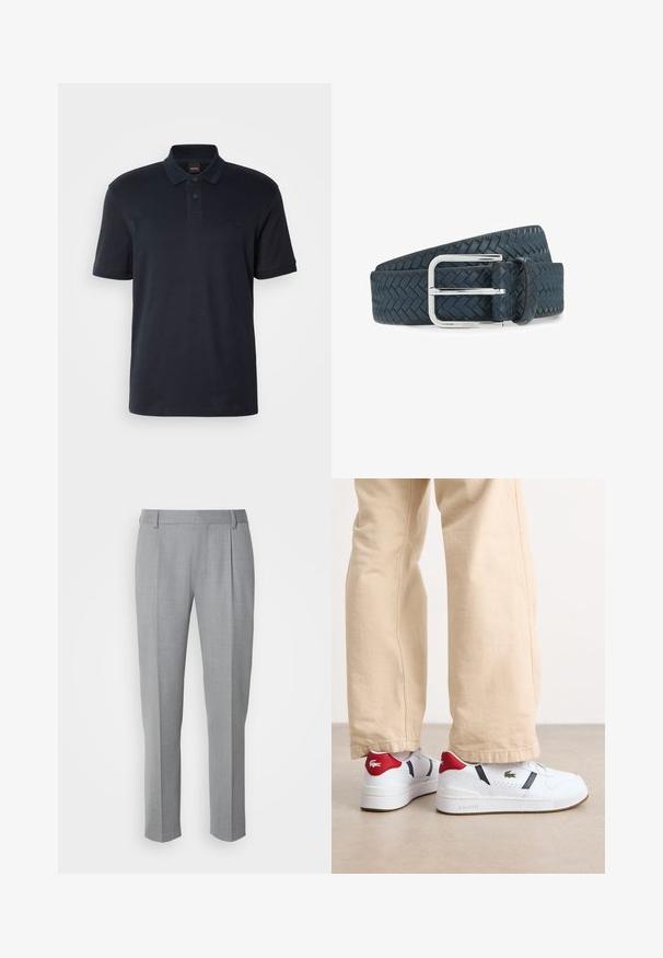 Polo shirt bleu marine en coton, avec un col classique, des manches courtes et un logo discret sur la poitrine. Texture lisse.; Pantalons gris sur mesure avec une texture lisse, présentant un devant plat, des jambes droites et de légères pinces pour plus de détail.; Baskets blanches avec des accents rouges et bleu marine, présentant un design perforé et un logo vert. Semelle en caoutchouc texturée et lignes épurées.; Ceinture en cuir tressé marine avec une boucle rectangulaire en argent et une finition texturée ; comprend une boucle pour fixer l'excédent de la lanière.