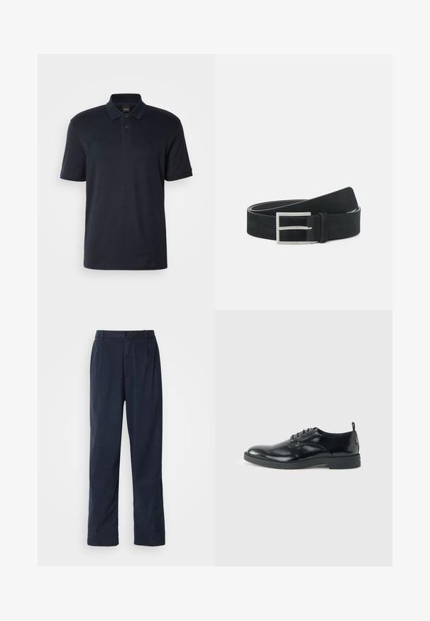 Tumesinise polo särk, mis on valmistatud puuvillast, klassikalise kraega, lühikeste käistega ja rinnal peene logoga. Sile tekstuur.; Tumedad sinised püksid, mis on valmistatud puuvilla segust. Omavad sirget lõiget, ees nuppude sulgemist ja peeneid voldikuid. Sile tekstuur.; Läikiv must nahast pidulik king madala kontsa, paeltega kinnise ja ümmarguse ninaga, näidatud küljelt heledal ühtlasel taustal.; Mustmust suurrihm, millel on hõbedane metallist pandla, lame disain ja kontrastset õmblust servadel. Üldiselt sile tekstuur.