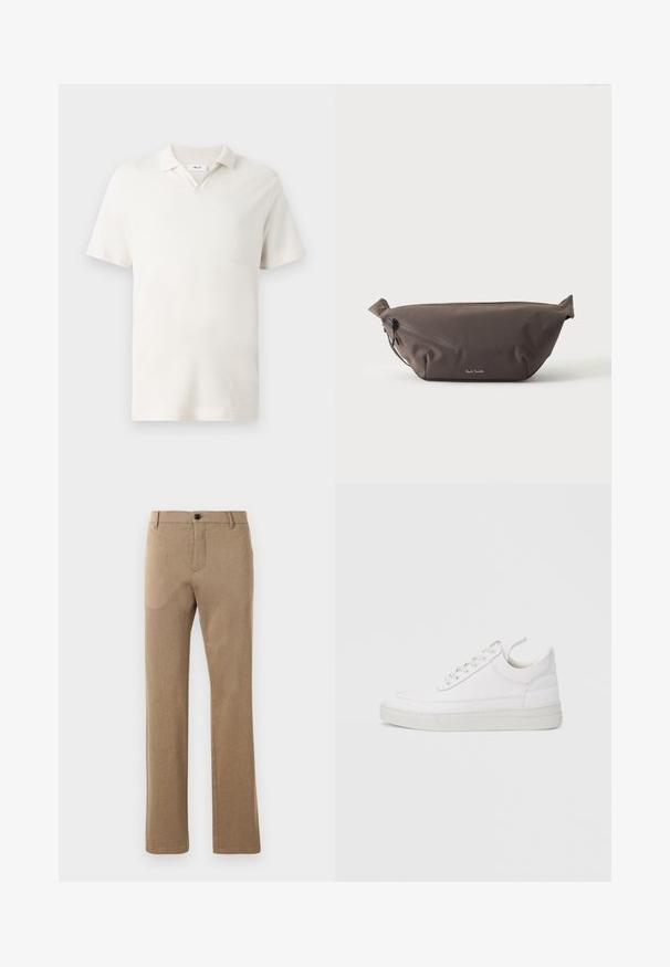 Korte mouwen polo-shirt in licht crème, met een V-hals, textuurstof en een klassieke pasvorm. Geen zichtbare patronen of accenten.; Bruine, op maat gemaakte broeken van een gestructureerde stof met een rechte pijp, voorzien van een knoopsluiting aan de voorkant en zijzakken.; Witte leren sneaker met een afgeronde neus, platte zool en veters aan de voorkant. Voorzien van stikseldetails en een gevoerde kraag voor comfort.; Donkerbruine stoffen heuptas met diagonale ritssluiting en klein wit logo aan de voorkant, tegen een effen lichte achtergrond.
