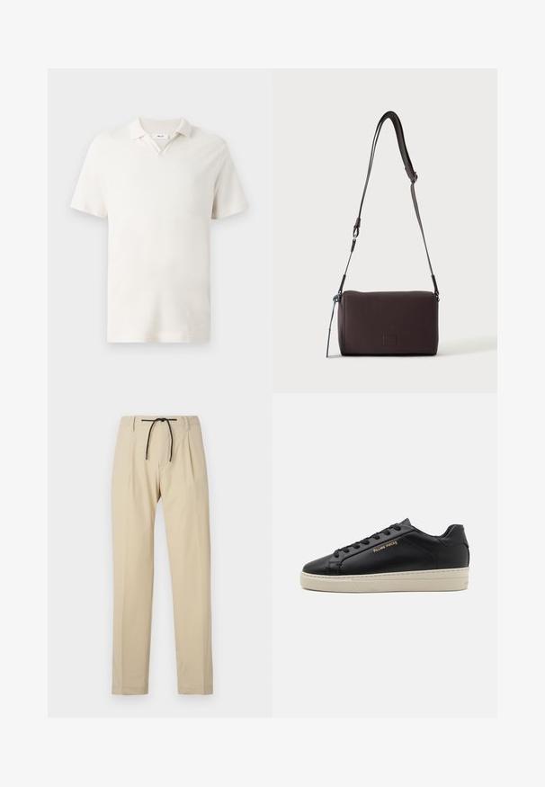 Korte mouwen polo-shirt in licht crème, met een V-hals, textuurstof en een klassieke pasvorm. Geen zichtbare patronen of accenten.; Beige broek met een rechte pasvorm, voorzien van een verstelbare tailleband, geplooide voorkant en een soepele textuur. Eenvoudig, veelzijdig ontwerp.; Zwarte leren sneaker met een gladde afwerking, contrasterende crèmekleurige zool, ronde neus, gouden logo aan de zijkant en zes gaatjes voor veters.; Donkerbruine gestructureerde leren crossbodytas met verstelbare riem en klein decoratief blauw accent aan de zijkant.