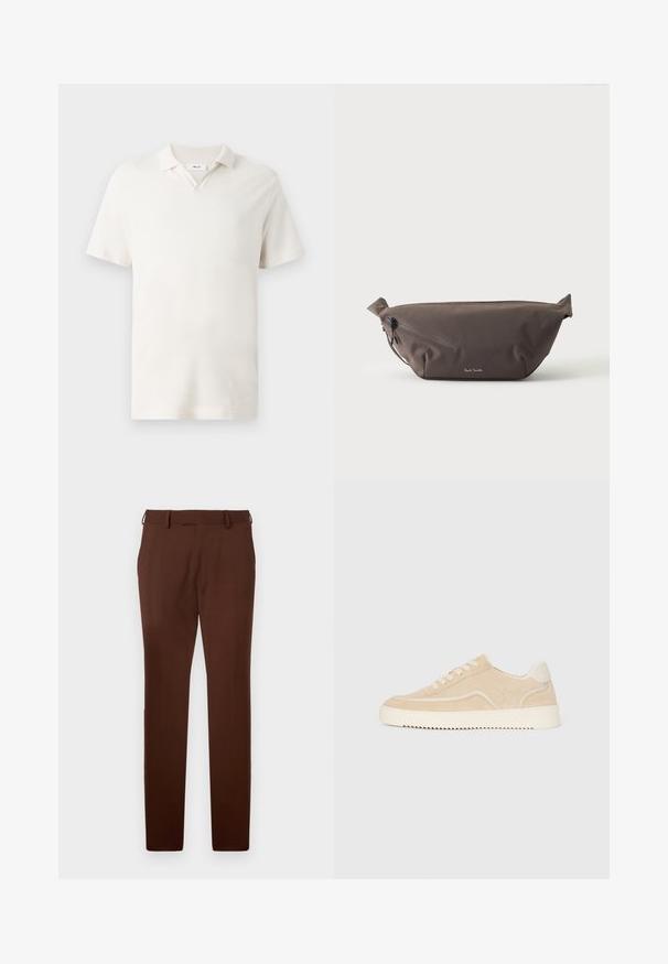 Korte mouwen polo-shirt in licht crème, met een V-hals, textuurstof en een klassieke pasvorm. Geen zichtbare patronen of accenten.; Bruine slim-fit op maat gemaakte broek met riemlussen, een vlakke voorkant en zijzakken, gepresenteerd tegen een witte achtergrond.; Beige suède sneaker met witte zool en veters, low-top ontwerp en zigzagprofiel op de zool.; Donkerbruine stoffen heuptas met diagonale ritssluiting en klein wit logo aan de voorkant, tegen een effen lichte achtergrond.