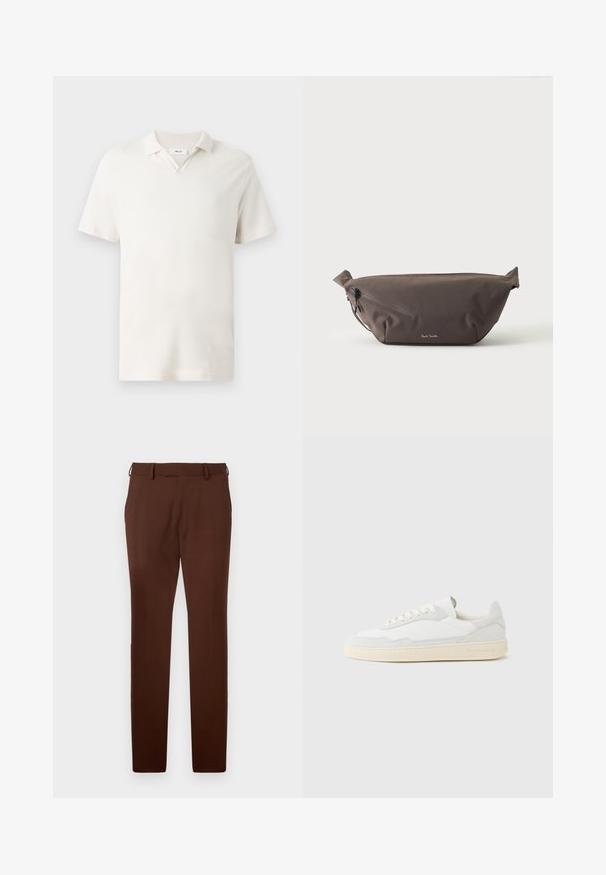 Korte mouwen polo-shirt in licht crème, met een V-hals, textuurstof en een klassieke pasvorm. Geen zichtbare patronen of accenten.; Bruine slim-fit op maat gemaakte broek met riemlussen, een vlakke voorkant en zijzakken, gepresenteerd tegen een witte achtergrond.; Witte sneaker met een bovenwerk van gestructureerd suède en leer. Voorzien van een afgeronde neus, vetersluiting en een contrasterende beige rubberen zool.; Donkerbruine stoffen heuptas met diagonale ritssluiting en klein wit logo aan de voorkant, tegen een effen lichte achtergrond.