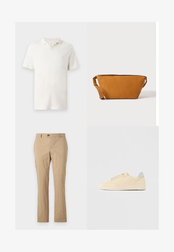 Korte mouwen polo-shirt in licht crème, met een V-hals, textuurstof en een klassieke pasvorm. Geen zichtbare patronen of accenten.; Beige katoenen broek met een rechte pijp, voorzien van een knoopsluiting, riemlussen en een zachte textuur. Geen zichtbare patronen.; Beige lage sneaker met veters aan de voorkant, lichtroze zool en een grijze hieltab met het merk "Filling Pieces", zijaanzicht op een effen achtergrond.; Lichtbruine leren crossbodytas met verstelbare band en ritssluiting, getoond tegen een effen lichte achtergrond.