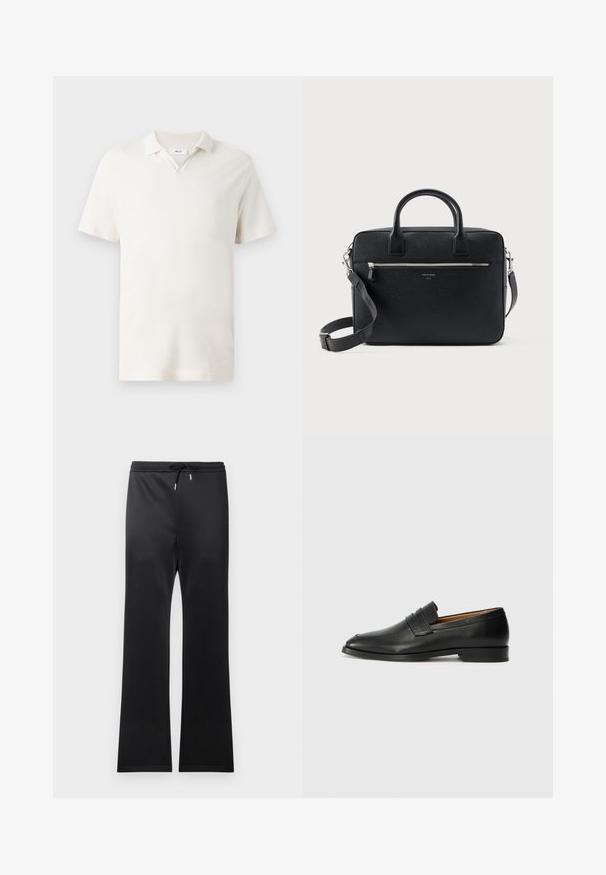 Polo à manches courtes en crème clair, avec un col en V, un tissu texturé et une coupe classique. Pas de motifs ou d'accents visibles.; Pantalons de sport noirs avec une taille élastique à cordon, fabriqués en tissu lisse. Design à jambe évasée et apparence minimaliste sans motifs.; Mocassin en cuir noir avec un bout arrondi, des coutures subtiles et un talon bas, présentant une texture lisse et un design minimaliste.; Serviette rectangulaire en cuir noir texturé avec double poignée, poche avant zippée et bandoulière réglable présentée sur fond blanc.