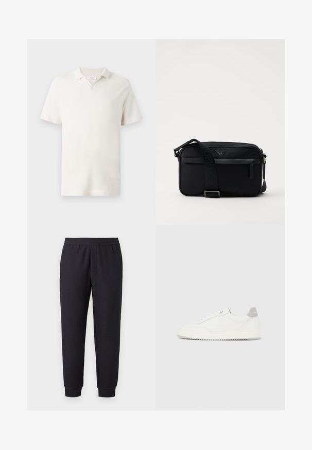 Korte mouwen polo-shirt in licht crème, met een V-hals, textuurstof en een klassieke pasvorm. Geen zichtbare patronen of accenten.; Zwarte taps toelopende joggingbroek met elastische tailleband en boorden, voorzien van een subtiel textuurpatroon en zijzakken.; Witte lage sneaker met grijze hielpatch, witte veters en een gestructureerde zool, gepresenteerd op een effen lichte achtergrond.; Zwarte nylon schoudertas met een contrasterende schouderband, een slank rechthoekig ontwerp, een logo-detail en een ritszak aan de voorkant.