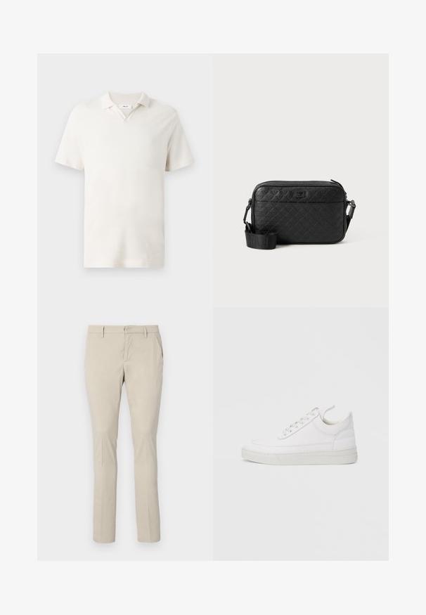 Polo à manches courtes en crème clair, avec un col en V, un tissu texturé et une coupe classique. Pas de motifs ou d'accents visibles.; Chinos beige avec une coupe droite, dotés de poches latérales et d'une texture de tissu lisse. Aucuns motifs visibles ni détails métalliques.; Baskets en cuir blanc avec un embout arrondi, une semelle plate et un laçage à l'avant. Présentent des détails de couture et un col rembourré pour plus de confort.; Sac bandoulière noir texturé avec motif géométrique en relief et bandoulière réglable avec logo de la marque.