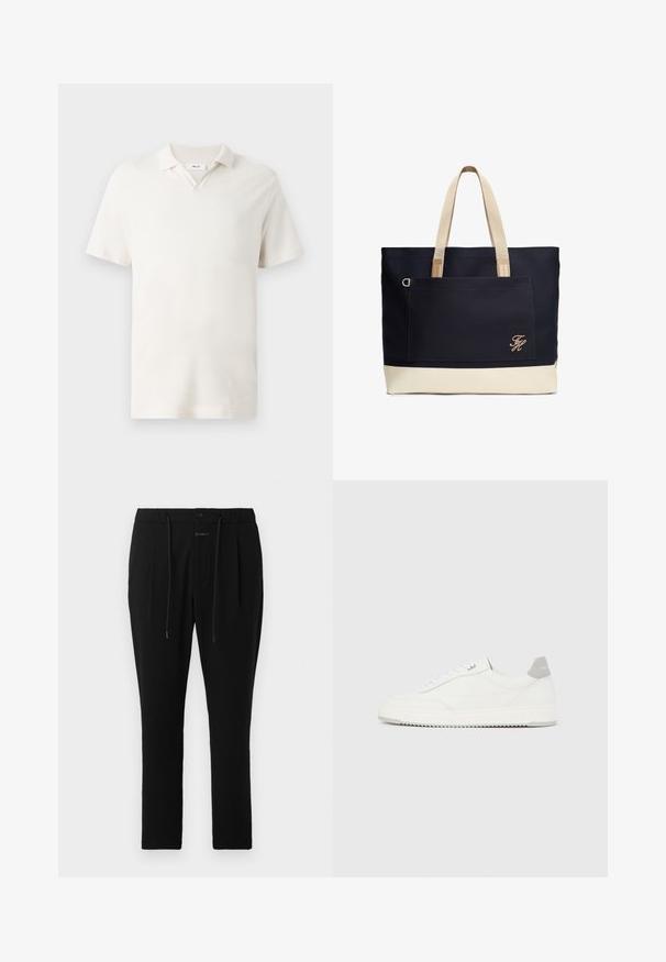 Korte mouwen polo-shirt in licht crème, met een V-hals, textuurstof en een klassieke pasvorm. Geen zichtbare patronen of accenten.; CLOSED VIGO TAPERED - Chino - dark night; Witte lage sneaker met grijze hielpatch, witte veters en een gestructureerde zool, gepresenteerd op een effen lichte achtergrond.; Grote marineblauwe tas met crèmekleurige handvatten en basis, voorzien van een externe ritszak met beige geborduurde initialen aan de voorkant.