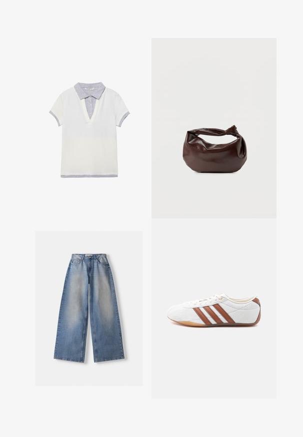 Polo blanc à manches courtes avec col, patte de boutonnage, poignets de manches et ourlet détaillés en gris clair, posé à plat sur un fond blanc.; Jean en denim bleu à jambes larges, taille haute et détails délavés, posé à plat sur un fond blanc.; Baskets blanches basses avec des bandes en cuir marron, fermeture à lacets et semelle en caoutchouc gomme, vues de l'intérieur sur fond blanc.; Sac bandoulière en cuir marron foncé avec une forme souple et décontractée et une anse nouée torsadée sur un fond blanc uni.