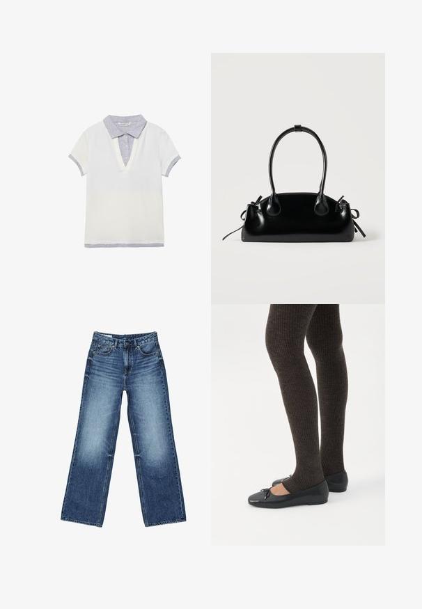 Polo blanc à manches courtes avec col, patte de boutonnage, poignets de manches et ourlet détaillés en gris clair, posé à plat sur un fond blanc.; Jean en denim bleu avec un effet délavé sur les cuisses, coupe droite à jambes larges, fermeture avant avec bouton, fermeture éclair, et style cinq poches.; Jambes portant des leggings côtelés foncés associés à des ballerines noires avec de petits détails en nœud sur fond blanc.; Petit sac à main noir brillant avec deux longues anses et des détails à cordon sur les côtés sur un fond clair uni.