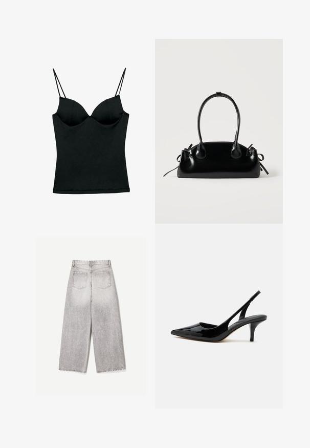 Musta istuva malli camisole, jossa on sisäänrakennetut toppatut kupit ja ohuet kaksinkertaiset spagettihihnat, suunniteltu sulavalinjaiselle siluetille.; Vaaleanharmaat leveälahkeiset farkut korkealla vyötäröllä ja kahdella takataskulla, kuvattuna takaa valkoisella taustalla.; Mustaa kiiltonahkaa oleva slingback-kissanpennun korkkainen kenkä, jossa on terävä kärki ja matala, kapea korko valkoisella taustalla.; Pieni musta kiiltävä käsilaukku, jossa on kaksi pitkää kantokahvaa ja sivulla nyöritys yksityiskohtia yksinkertaisella vaalealla taustalla.