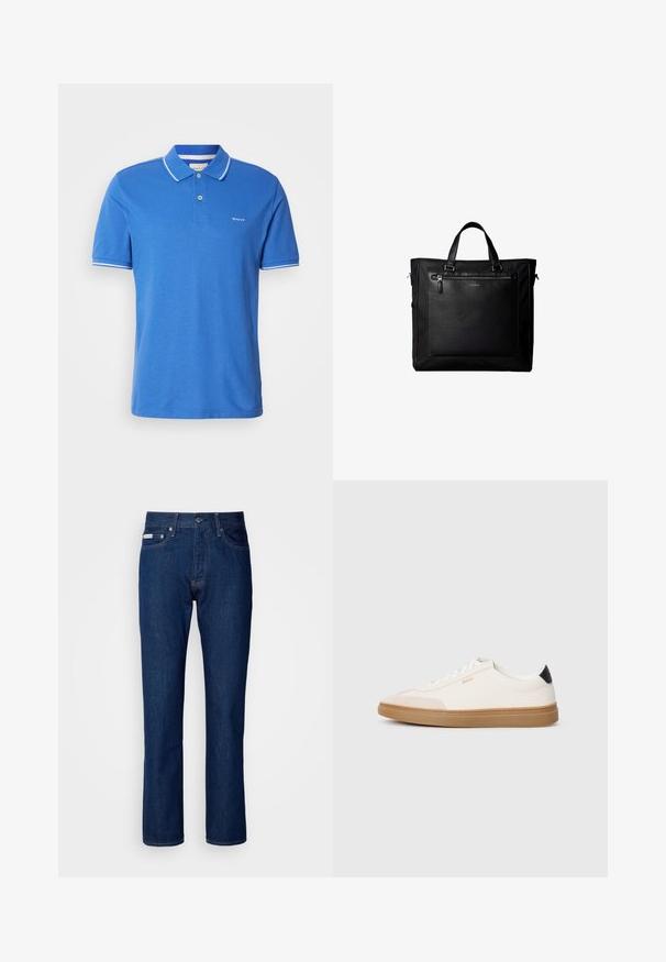 Blauwe polo gemaakt van katoen met een klassieke kraag. Heeft witte randen op de mouwen, een logo op de borst en een knoopsluiting.; Donkerblauwe spijkerbroek met een rechte pijpdesign, voorzien van een rits en knoopsluiting, vijf zakken en subtiele stikseldetails.; Witte sneakers met beige accenten, bovenwerk van glad leer, ronde neus en rubberen gumzool, met een zwarte hieltab en subtiele branding.; Zwarte tote bag met dubbele handvatten, grote voorste leren zak met ritssluiting en subtiel Calvin Klein-logo in het midden van de zak.