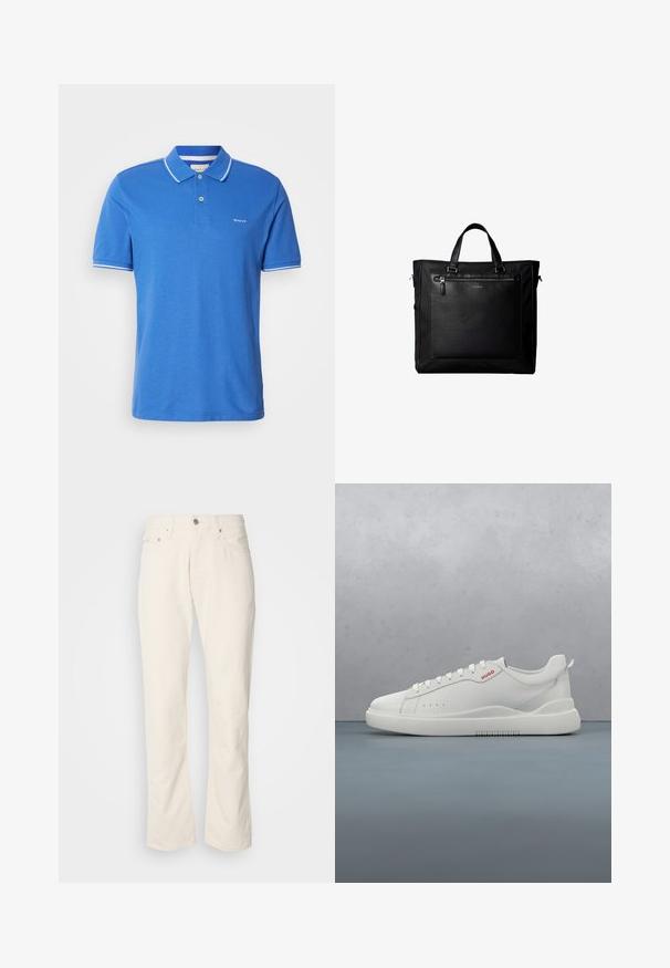 Blå polo t-shirt i bomuld med klassisk krave. Har hvid kant på ærmerne, logo på brystet og knaplukning.; Beige bomuldsjeans med et klassisk lige ben-design, der har en forreste knaplukning, fem lommer og diskrete syninger.; Hvide sneakers med en glat læderfinish, rund tå, fire snørehuller, subtile perforeringer og en rød logo detalje på siden.; Sort taske med dobbelte håndtag, stor læderlomme foran med lynlås og diskret Calvin Klein-logo midt på lommen.