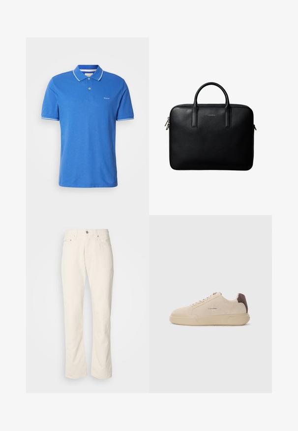 Blå polo t-shirt i bomuld med klassisk krave. Har hvid kant på ærmerne, logo på brystet og knaplukning.; Beige bomuldsjeans med et klassisk lige ben-design, der har en forreste knaplukning, fem lommer og diskrete syninger.; Beige ruskind sneakers med rund tå, snørret foran og en brun ruskindsdetalje på hælen. Har en tekstureret gummisål.; Sort tekstureret lædermappe med dobbelte håndtag og sølv lynlås, centreret på hvid baggrund.