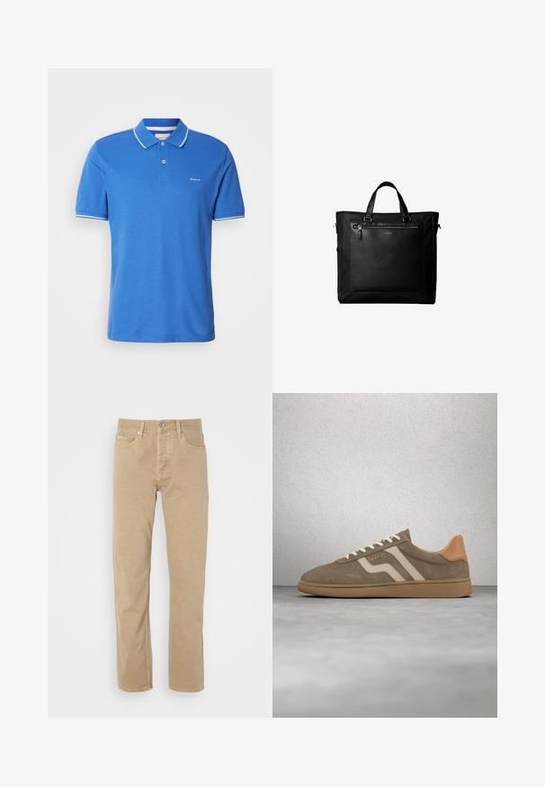 Blaues Poloshirt aus Baumwolle mit klassischem Kragen. Verfügt über weiße Akzente an den Ärmeln, ein Logo auf der Brust und eine Knopfleiste.; Beige Baumwollhose mit geradem Bein, ausgestattet mit Fronttaschen, einem Knopfverschluss und dezenten Nähten entlang der Säume.; Brauner Wildleder-Sneaker mit beigen Streifen, cremefarbenen Schnürsenkeln und Gummisohle, der über einem grauen Boden und einer Wand aus Glasbausteinen schwebt.; Schwarze Tragetasche mit Doppelgriffen, großer vorderer Ledertasche mit Reißverschluss und dezentem Calvin Klein-Logo in der Mitte der Tasche.