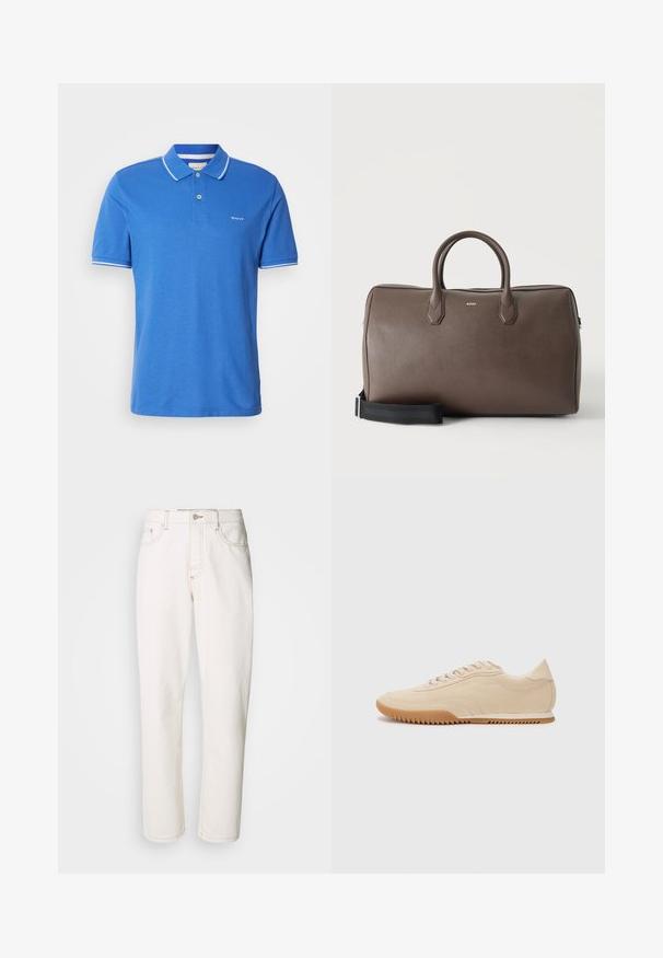 Blauwe polo gemaakt van katoen met een klassieke kraag. Heeft witte randen op de mouwen, een logo op de borst en een knoopsluiting.; Witte denim jeans met een rechte pasvorm, voorzien van gestikte naden, een metalen knoopsluiting en een standaard vijf-pocket constructie.; Beige suede sneakers met een gestroomlijnd ontwerp, voorzien van een textuur bovenwerk, ronde neus en een rubberen zool met een zigzagpatroon.; Bruine leren duffeltas met twee handvatten, een zwarte verstelbare schouderriem en een klein "BOSS" logo middenvoor.