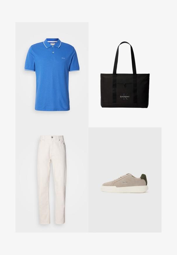 Blaues Poloshirt aus Baumwolle mit klassischem Kragen. Verfügt über weiße Akzente an den Ärmeln, ein Logo auf der Brust und eine Knopfleiste.; Weiße Denim-Jeans mit geradem Bein, Knopf- und Reißverschluss, Gürtelschlaufen sowie Vorder- und Hintertaschen, auf einfarbigem Hintergrund gezeigt.; Beige Wildledersneaker mit einer weißen Gummisohle, die einen dunkelgrünen Akzent an der Ferse und dezente Markenaufschrift an der Seite aufweisen.; Schwarze Calvin Klein Tote-Tasche mit zwei langen Griffen und Fronttasche, mit dem Markenlogo in Weiß und Grau.