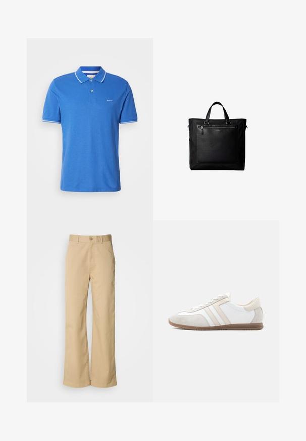 Blå polo t-shirt i bomuld med klassisk krave. Har hvid kant på ærmerne, logo på brystet og knaplukning.; Beige, vidde bukser lavet af en bomuldsblanding. Har en knaplukning og bæltestropper. Glat tekstur med minimale syninger.; Lavprofileret hvid og beige sko med ruskindsdetaljer, snørelukning og brun gummisål, vist i sideprofil på ensfarvet baggrund.; Sort taske med dobbelte håndtag, stor læderlomme foran med lynlås og diskret Calvin Klein-logo midt på lommen.