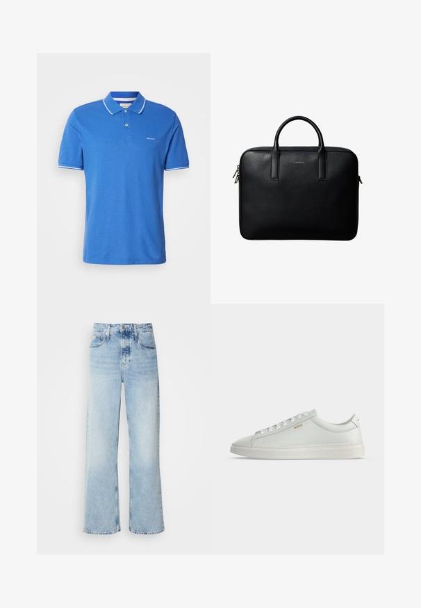 Blå polo t-shirt i bomuld med klassisk krave. Har hvid kant på ærmerne, logo på brystet og knaplukning.; Lysblå vide jeans med høj talje, der har en falmet finish, bæltestropper og klassisk fem-lomme design. Kantene er rå.; Hvid lavtop lædersneakers med snørebånd, flad sål og lille gyldent "BOSS" logo på siden, set fra ydersiden.; Sort tekstureret lædermappe med dobbelte håndtag og sølv lynlås, centreret på hvid baggrund.