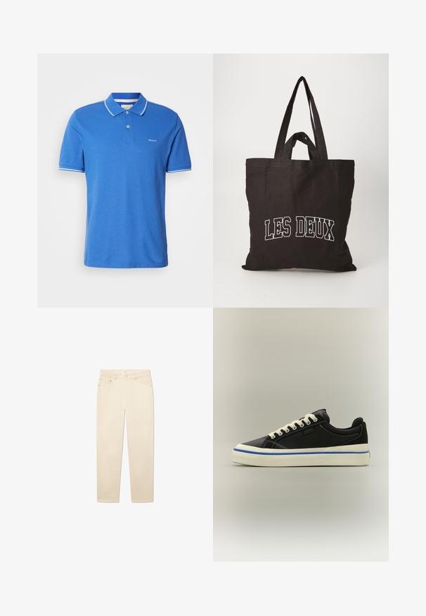 Polo azul hecho de algodón con un cuello clásico. Presenta un ribete blanco en las mangas, un logo en el pecho y una tapeta de botones.; Jeans de mezclilla beige blanco con corte recto, que cuentan con cinco bolsillos, cierre de botón y cremallera, y detalles de costura sutiles.; Zapatilla baja negra con cordones blancos, suela blanca con una franja azul y logotipo "HUGO" en el lateral sobre un fondo liso.; Bolsa de lona negra con dos asas resistentes, presenta texto blanco que dice "LES DEUX" en el frente, textura suave, forma rectangular.