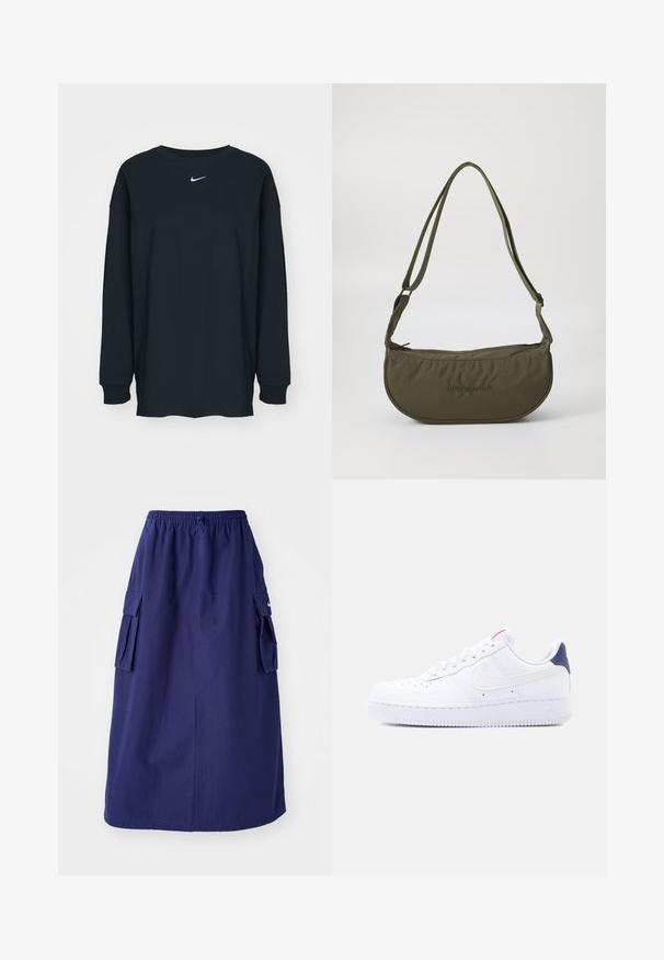 Sort langærmet T-shirt lavet af bomuld med rund hals. Har et hvidt Nike-logo på brystet. Blød tekstur, enkelt design.; Marineblå, mellemlang nederdel med elastisk talje, der har to sidelommer og et minimalistisk logodesign. Glat stofstruktur.; Hvid lavtop sneaker med perforeringer på tåen, hvide snørebånd, en hvid swoosh-logo og en mørkeblå hælflig.; Olivengrøn skuldertaske med en buet form, lavet af blødt stof, med en lynlås i toppen, justerbare stropper og præget logo-detalje.