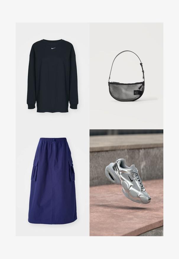 Čierne tričko s dlhým rukávom z bavlny, s okrúhlym výstrihom. Na hrudi sa nachádza biele logo Nike. Jemná textúra, jednoduchý dizajn.; Námornícky modrá sukňa strednej dĺžky s elastickým pásom, ktorá má dve bočné cargo vrecká a minimálnu logotlač. Hladká textúra látky.; Strieborné a sivé tenisky Nike Air s čiernym logom, ktoré kĺžu nad ružovkastým betónovým povrchom a kamenným pásom v pozadí.; Čierna sieťovaná polmesiacová taška s krátkym nastaviteľným koženým remienkom a zipsom na jednoduchom svetlom pozadí.