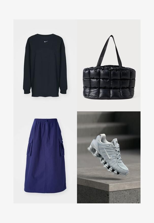 Čierne tričko s dlhým rukávom z bavlny, s okrúhlym výstrihom. Na hrudi sa nachádza biele logo Nike. Jemná textúra, jednoduchý dizajn.; Námornícky modrá sukňa strednej dĺžky s elastickým pásom, ktorá má dve bočné cargo vrecká a minimálnu logotlač. Hladká textúra látky.; Svetlosivá bežecká topánka Nike s odpruženou pružinovou podrážkou vznášajúca sa nad betónovým okrajom, rozmazané pozadie schodiska.; Čierna prešívaná taška so zamatovou textúrou a sťahovacou šnúrkou, vybavená dvoma dlhými čiernymi popruhmi.