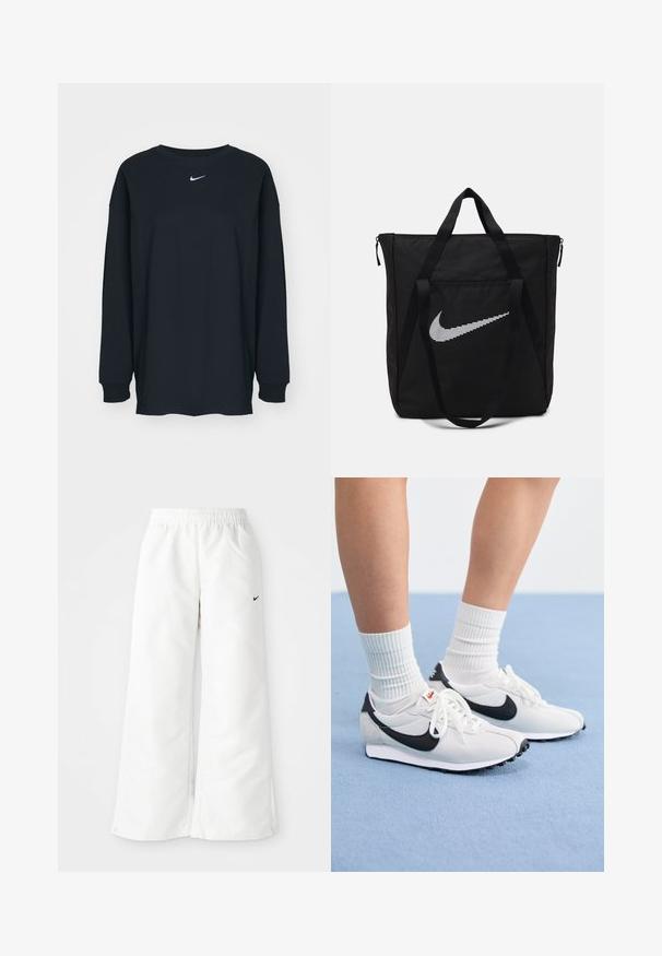 Sort langærmet T-shirt lavet af bomuld med rund hals. Har et hvidt Nike-logo på brystet. Blød tekstur, enkelt design.; Hvide atletiske bukser med et bredbenet design, elastisk talje og et lille sort Nike-logo på venstre side. Glat, let materiale.; Hvide mesh sneakers med sorte accenter, rund tå og flad gummisål. Sæt sammen med ribbed hvide sokker.; Sort nylon tote taske med to solide håndtag og lynlås lukning. Har et fremtrædende hvidt Nike swoosh-logo i et horisontalt stribet design.