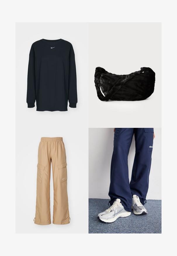 Sort langærmet T-shirt lavet af bomuld med rund hals. Har et hvidt Nike-logo på brystet. Blød tekstur, enkelt design.; Nike Sportswear TREND - Cargobukser - hemp; Nike sportssko med en sølvfarvet mesh-overdel, hvide detaljer og strukturerede såler, parret med løstsiddende navy bukser.; Sort stofpose med et struktureret bølgemønster, der har et snoet håndtag og afrundet form. Blødt, pelsagtigt materiale, der giver en taktil fornemmelse.