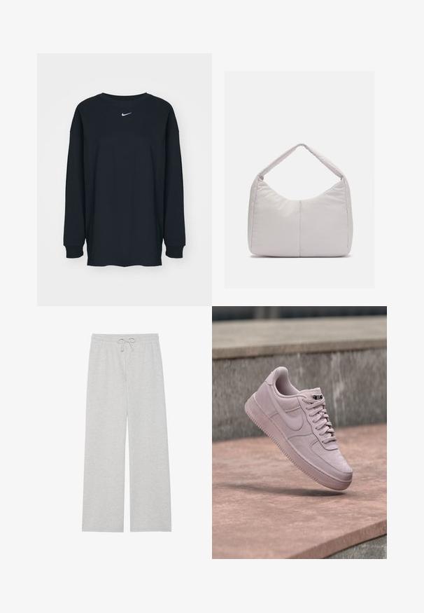 Sort langærmet T-shirt lavet af bomuld med rund hals. Har et hvidt Nike-logo på brystet. Blød tekstur, enkelt design.; Lys grå træningsbukser i blød bomuldsblanding, med en vidde ben-design, elastisk talje med justerbar snor og uden lommer.; Lyserød Nike Air Force 1 sneaker svæver over en betongulv med rosa nuance med en grå stenvæg i baggrunden.; Lys grå polstret skuldertaske med en buet form, der har en enkelt håndtag og en glat, textured overflade. Simpelt design uden yderligere hardware.