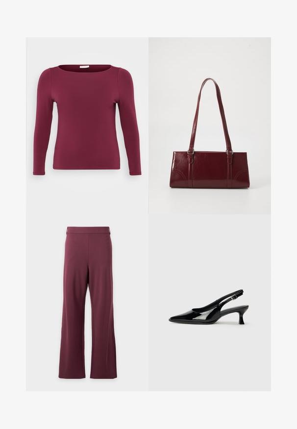 Μακρυμάνικη μπλούζα σε μπορντό χρώμα, φτιαγμένη από μαλακό και ελαστικό ύφασμα. Διαθέτει στρογγυλή λαιμόκοψη και εφαρμοστή σιλουέτα, με ομαλή και ομοιόμορφη υφή.; Παντελόνι ψηλόμεσο με φαρδιά πόδια σε σταθερό σκούρο μωβ χρώμα, με λείο ζωνάρι και χωρίς ορατές τσέπες ή σχέδια.; Μαύρες παλαιωμένες slingback γόβες με αιχμηρή μύτη και χαμηλό τετράγωνο τακούνι. Ρυθμιζόμενη αγκράφα στον αστράγαλο.; Μπορντό τσάντα ώμου από γυαλιστερό υλικό, ορθογώνιο σχήμα, με δύο ιμάντες ώμου και λεπτές καμπύλες λεπτομέρειες στο μπροστινό μέρος.