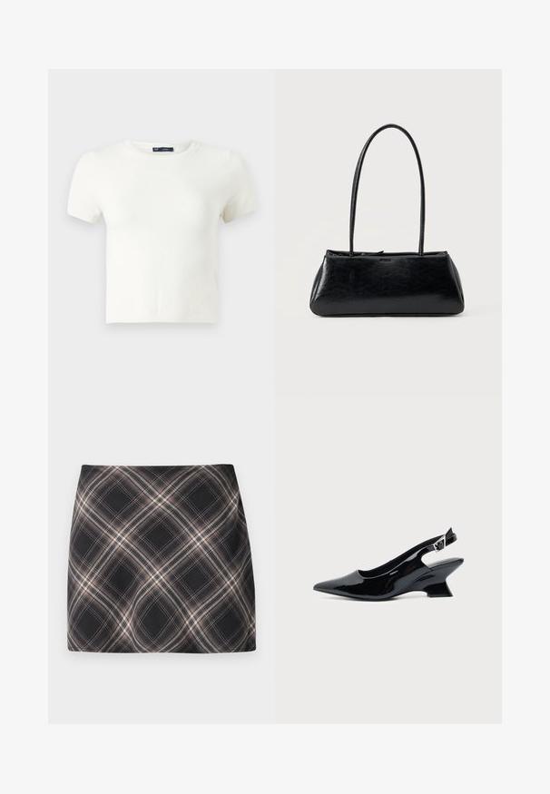 Camiseta blanca de manga corta fabricada con un material suave. Presenta un clásico diseño de cuello redondo y un ajuste slim, sin patrones ni acentos visibles.; Minifalda a cuadros en negro y beige con patrón de cuadros diagonal, cintura ajustada y textura de tela suave.; Zapato slingback de cuero charol negro con puntera puntiaguda y tacón bajo en bloque inclinado sobre fondo claro liso.; Bolso de hombro rectangular negro con correas largas y delgadas y una textura lisa y brillante sobre un fondo liso.