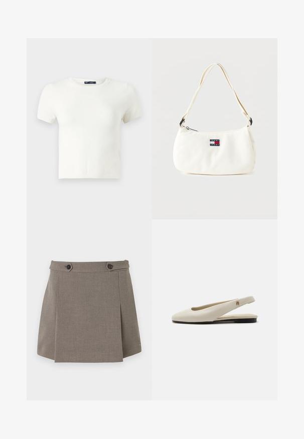 Weißes kurzärmliges T-Shirt aus einem weichen Material. Es verfügt über ein klassisches Rundhalsdesign und eine schlanke Passform ohne sichtbare Muster oder Akzente.; Taupe-Farbenes Stoff-Miniröckchen mit Überlappung vorne, zwei schwarzen Knöpfen am Bund und subtilen Logo-Details am Saum.; cremefarbiger Lederslingback-Flachschuh mit rundem Zehenbereich und kleinem goldfarbenem Emblem am Riemen.; Weiße Schultertasche mit verstellbarem Riemen und Tommy Jeans Logo-Patch vorne, vor einem schlichten Hintergrund.