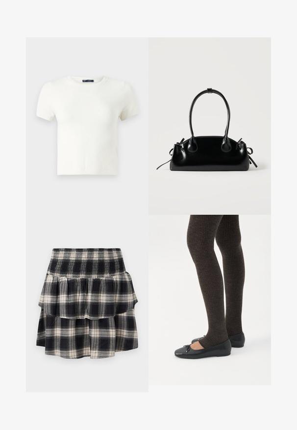Witte korte mouwen t-shirt gemaakt van een zachte stof. Heeft een klassiek ronde hals ontwerp en een slanke pasvorm zonder zichtbare patronen of accenten.; Zwart-wit geruite tiered rok met smock tailleband. Heeft gerimpelde lagen en een zachte katoentextuur.; Benen met donkere geribbelde leggings gecombineerd met zwarte ballerina's met kleine strikdetails op een witte achtergrond.; Kleine zwarte glanzende handtas met twee lange hengsels en zijkant trekkoord details op een effen lichte achtergrond.