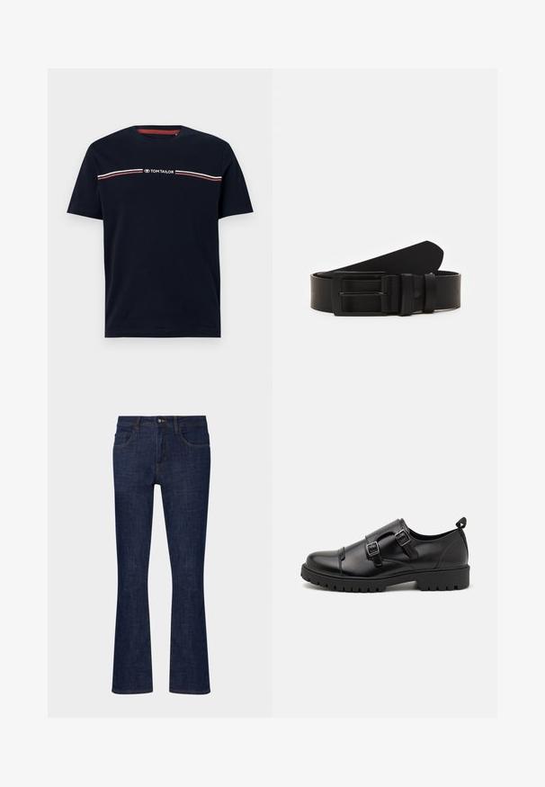 Marineblå bomulds-t-shirt med korte ærmer og rund halsudskæring, med en hvid og rød horisontal stribedetalje og "TOM TAILOR" logo.; Mørkeblå denim flare jeans med mellemhøj talje, fem lommer og kontrastsyninger. Glat tekstur med minimal slid.; Pier One Business loafers - black; Sort læderbælte rullet med en mat sort rektangulær metalspænde og to bæltesløjfer på en hvid baggrund.