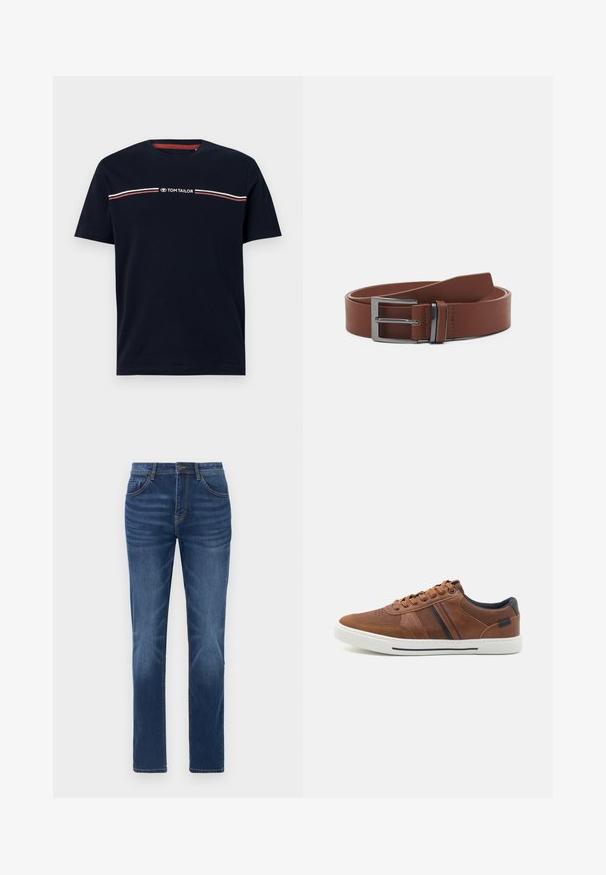 Marineblå bomulds-t-shirt med korte ærmer og rund halsudskæring, med en hvid og rød horisontal stribedetalje og "TOM TAILOR" logo.; Mørkeblå denimjeans med en klassisk lige pasform, fem-lomme design og let falmede detaljer på benene. Har knap- og lynlåslukning.; Brune lædersneakers med en glat overflade, hvid gummisål, sorte accenter og dekorativ syning med sidelæg.; Brun læderbælte med en glat overflade, der har en sølvmetalspænde og minimalistisk design. Bæltet har en rund ende og præcise syninger.