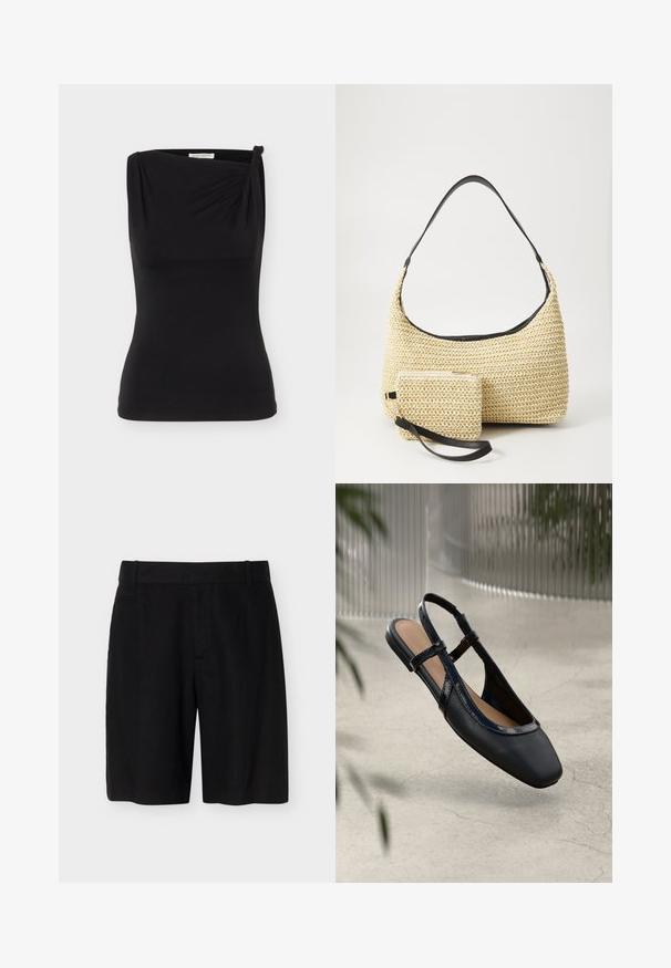 Haut noir sans manches ajusté avec un décolleté asymétrique et un petit nœud sur une épaule.; Shorts noirs sur mesure longueur genou avec passants de ceinture, poches avant et taille plate sur un fond clair uni.; Chaussure plate slingback en cuir noir avec un orteil carré, dotée d'un fini verni brillant et de sangles ajustables pour un maintien sécurisé.; Sac à main en paille tissée avec une silhouette courbée, doté d'une bandoulière en cuir noir lisse et d'une petite pochette assortie attachée par une sangle pour le poignet.