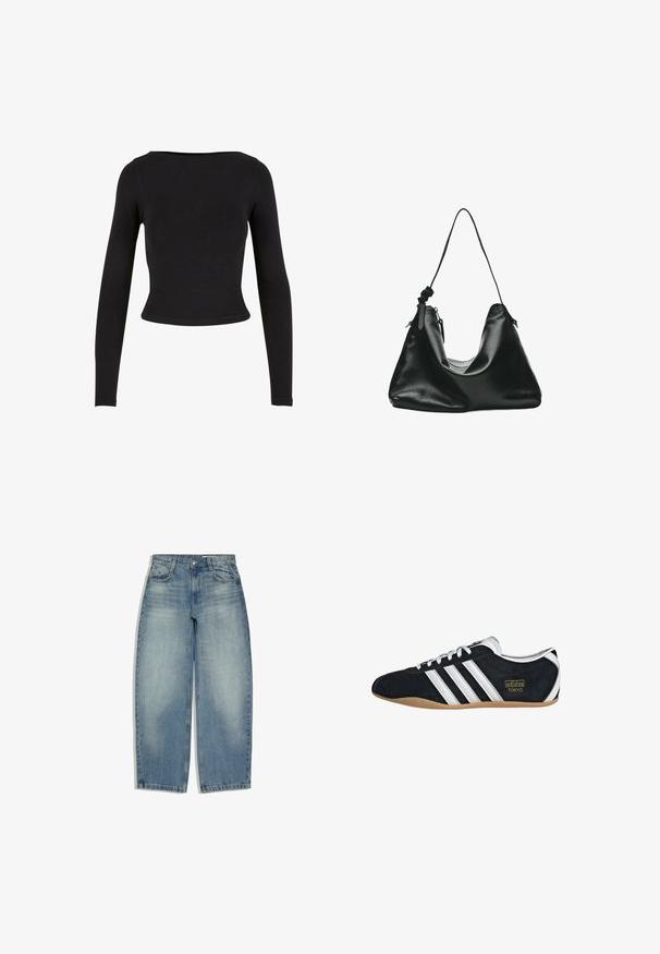 Sort, langærmet crop top lavet af blødt, strækbart stof med et enkelt, tætsiddende design og en bred halsudskæring. Ingen mønstre eller udsmykninger.; Lyseblå denimjeans med høj talje, vide ben, forlommer og knap- og lynlåslukning, lagt fladt ud på en hvid baggrund.; Sort ruskinds sneaker med hvide tre striber, guldlogo og en brun gummisål. Har et lavprofil snørebåndsdesign.; Sort læder skuldertaske med en enkelt tynd rem og lynlåslukning, vist mod en hvid baggrund.