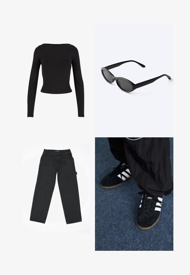 Top corto negro de manga larga hecho de una tela suave y elástica, con un diseño sencillo y ajustado y un escote amplio. Sin patrones ni adornos.; Pantalones de mezclilla negros con un diseño de pierna recta, que cuentan con bolsillos delanteros, trabillas para el cinturón y un cierre de botón. Textura suave, sin patrones visibles.; Zapatillas deportivas de ante negro con tres rayas blancas y cordones negros. Un pantalón negro texturizado es parcialmente visible al lado de las zapatillas.; Gafas de sol ovaladas negras y elegantes con lentes oscuras y patillas rectas, reposando sobre una superficie blanca.