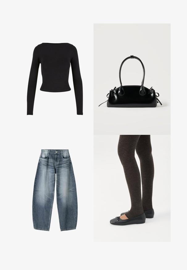 Sort, langærmet crop top lavet af blødt, strækbart stof med et enkelt, tætsiddende design og en bred halsudskæring. Ingen mønstre eller udsmykninger.; Bredde jeans lavet af lyseblå denim med falmning, der har et fem-lomme design, knaplukning og minimale syninger.; Ben iført mørke ribbede leggings kombineret med sorte balletsko med små sløjfedetaljer på hvid baggrund.; Lille sort blank håndtaske med to lange håndtag og snøre-detaljer i siden på en ensfarvet lys baggrund.