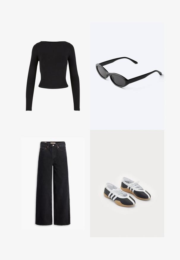 Top corto negro de manga larga hecho de una tela suave y elástica, con un diseño sencillo y ajustado y un escote amplio. Sin patrones ni adornos.; Jeans de pierna ancha negros hechos de denim, con cinco bolsillos, remaches de cobre y un cierre clásico de botón. Textura suave con un diseño limpio.; Zapatillas deportivas en blanco y negro con un diseño elegante, suela de goma, cierre de cordones y tres franjas blancas en los lados.; Gafas de sol ovaladas negras y elegantes con lentes oscuras y patillas rectas, reposando sobre una superficie blanca.