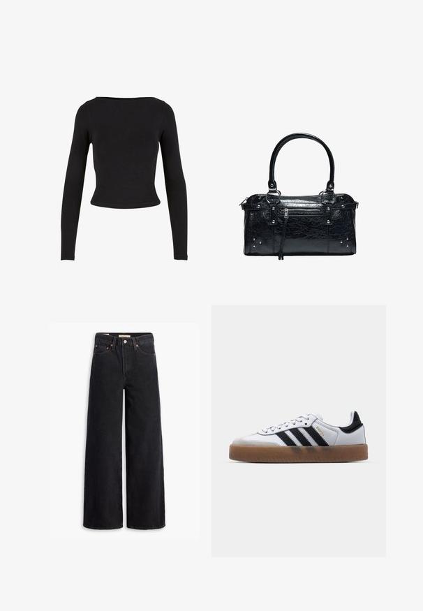 Čierny crop top s dlhým rukávom vyrobený z mäkkého a elastického materiálu s jednoduchým, priliehavým strihom a širokým výstrihom. Bez vzorov alebo ozdôb.; Čierne nohavice s voľným strihom vyrobené z denimu, obsahujúce päť vreciek, medené nitky a klasické zapínanie na gombík. Hladká textúra s čistým dizajnom.; Biele kožené tenisky s čiernymi pruhmi, gumová podrážka, okrúhla špička, šnurovanie a mäkký sivý semišový špička.; Čierna kožená kabelka s dvoma rúčkami, predným vreckom na zips s strapcom a malými striebornými cvokmi v rohoch.
