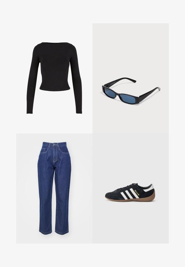 Top corto negro de manga larga hecho de una tela suave y elástica, con un diseño sencillo y ajustado y un escote amplio. Sin patrones ni adornos.; Jeans de mezclilla azul oscuro con cintura alta, pierna recta, cinco bolsillos y costuras en contraste. Diseño clásico con una textura suave.; Zapatilla de ante negra con tres rayas blancas, suela de goma y un pequeño logo dorado en el lateral. Cuenta con un forro interior negro liso.; Gafas de sol negras con una elegante montura rectangular y lentes azules. Presentan una textura suave y varillas resistentes. Logo de la marca en el costado.