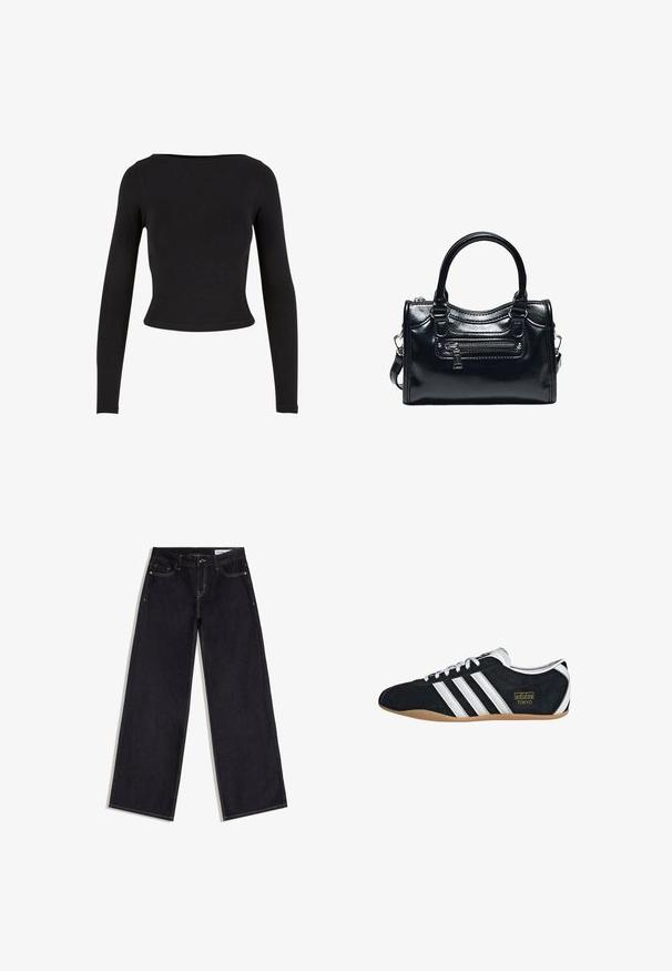 Sort, langærmet crop top lavet af blødt, strækbart stof med et enkelt, tætsiddende design og en bred halsudskæring. Ingen mønstre eller udsmykninger.; Mørkeblå jeans med vide ben, forlommer, bæltestropper og kontrastsyninger, lagt fladt på en hvid baggrund.; Sort ruskinds sneaker med hvide tre striber, guldlogo og en brun gummisål. Har et lavprofil snørebåndsdesign.; Sort skinnende læderhåndtaske med to håndtag, lynlåslomme foran og aftagelig skulderrem på hvid baggrund.