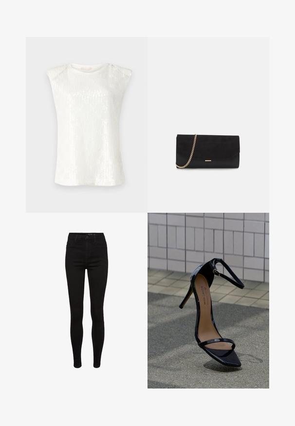 Top blanc sans manches avec une texture en sequins, un col rond et un design d'épaules légèrement exagéré. Tissu léger et doux.; Jean skinny en denim noir avec une taille haute, design à cinq poches, passants de ceinture et détails de couture subtils. Texture lisse, forme ajustée.; Sandale à talons hauts en cuir verni noir avec bride à la cheville, boucle dorée et bout pointu, positionnée verticalement sur une surface de carrelage et d'asphalte.; Porte-monnaie noir en daim avec une finition texturée, doté d'une chaîne dorée et d'un design épuré et angulaire.