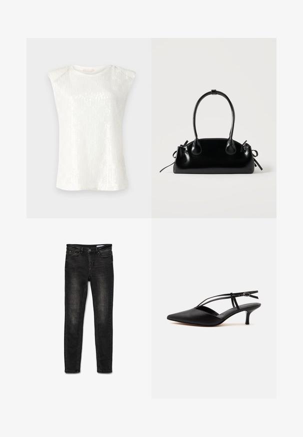 Top blanc sans manches avec une texture en sequins, un col rond et un design d'épaules légèrement exagéré. Tissu léger et doux.; Jean skinny en denim noir avec taille mi-haute, design classique à 5 poches, légère décoloration sur les hanches et fermeture à bouton en métal.; Escarpin noir en cuir à bout pointu avec petit talon kitten, fine bride de cheville avec boucle, design slingback, sur un fond uni clair.; Petit sac à main noir brillant avec deux longues anses et des détails à cordon sur les côtés sur un fond clair uni.